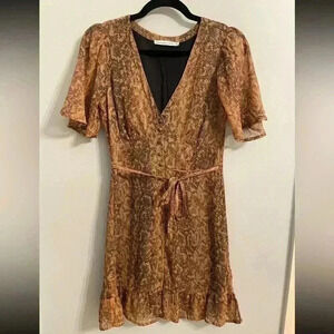 Abercrombie & Fitch Mini Dress XS Flowy Tie Vneck Animal Snakeskin Print Brown